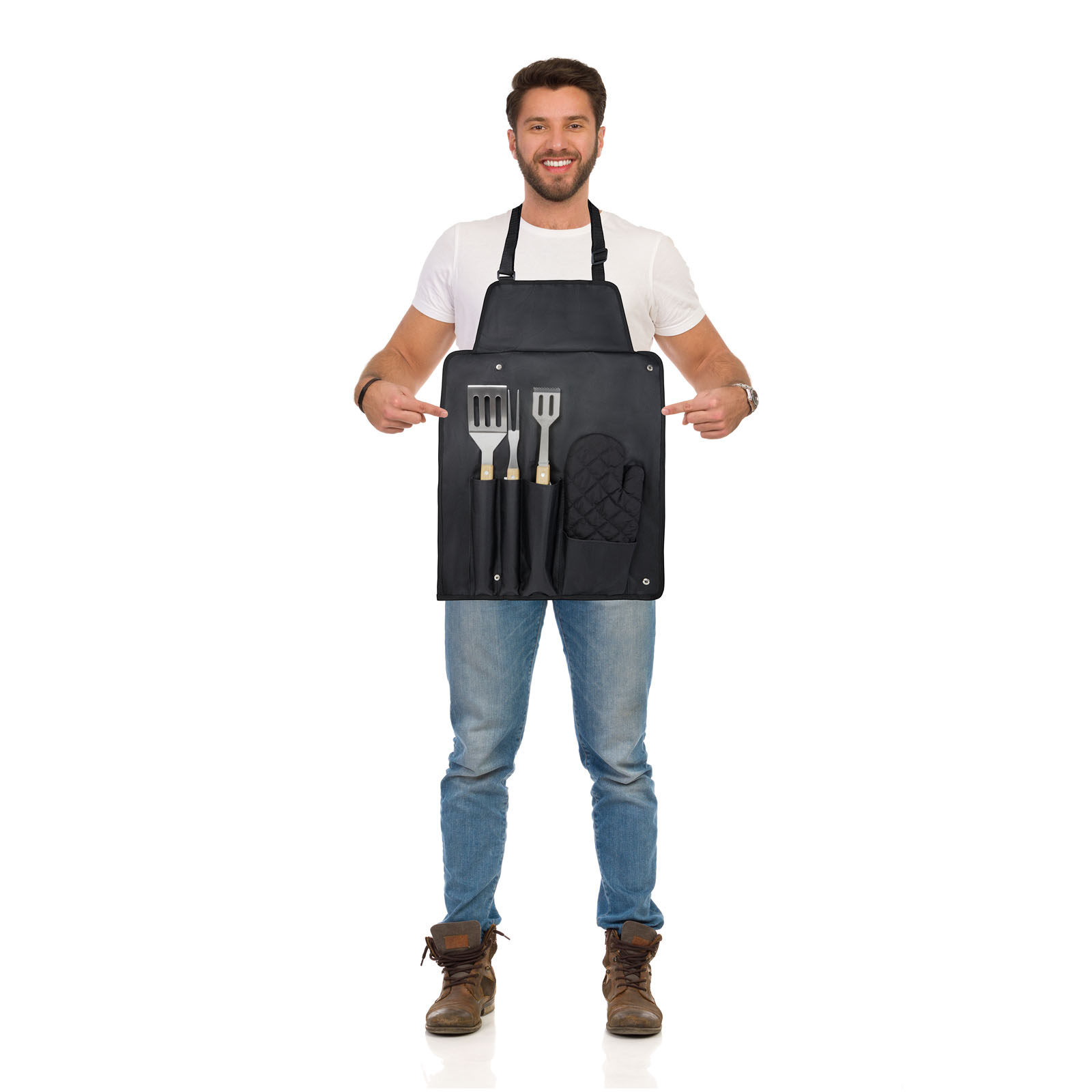 Happy,Man,In,Jeans,And,White,T-shirt,Is,Standing,,Pointing