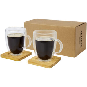 Manti sett i 2 deler 350 ml dobbeltvegget termoglass med bambusunderlag