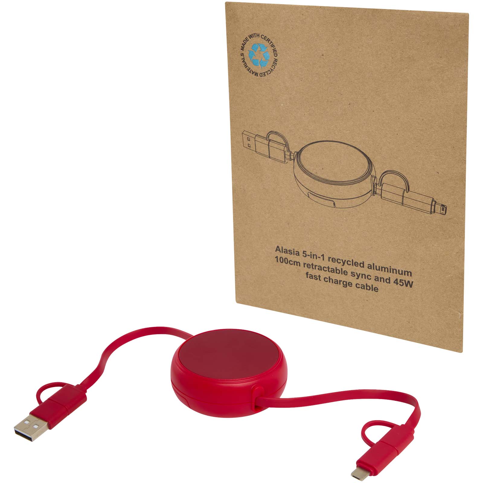 Alasia 5-i-1 uttrekkbar kabel 100 cm for 45 W hurtiglading og datasynkronisering, av resirkulert plast og aluminium