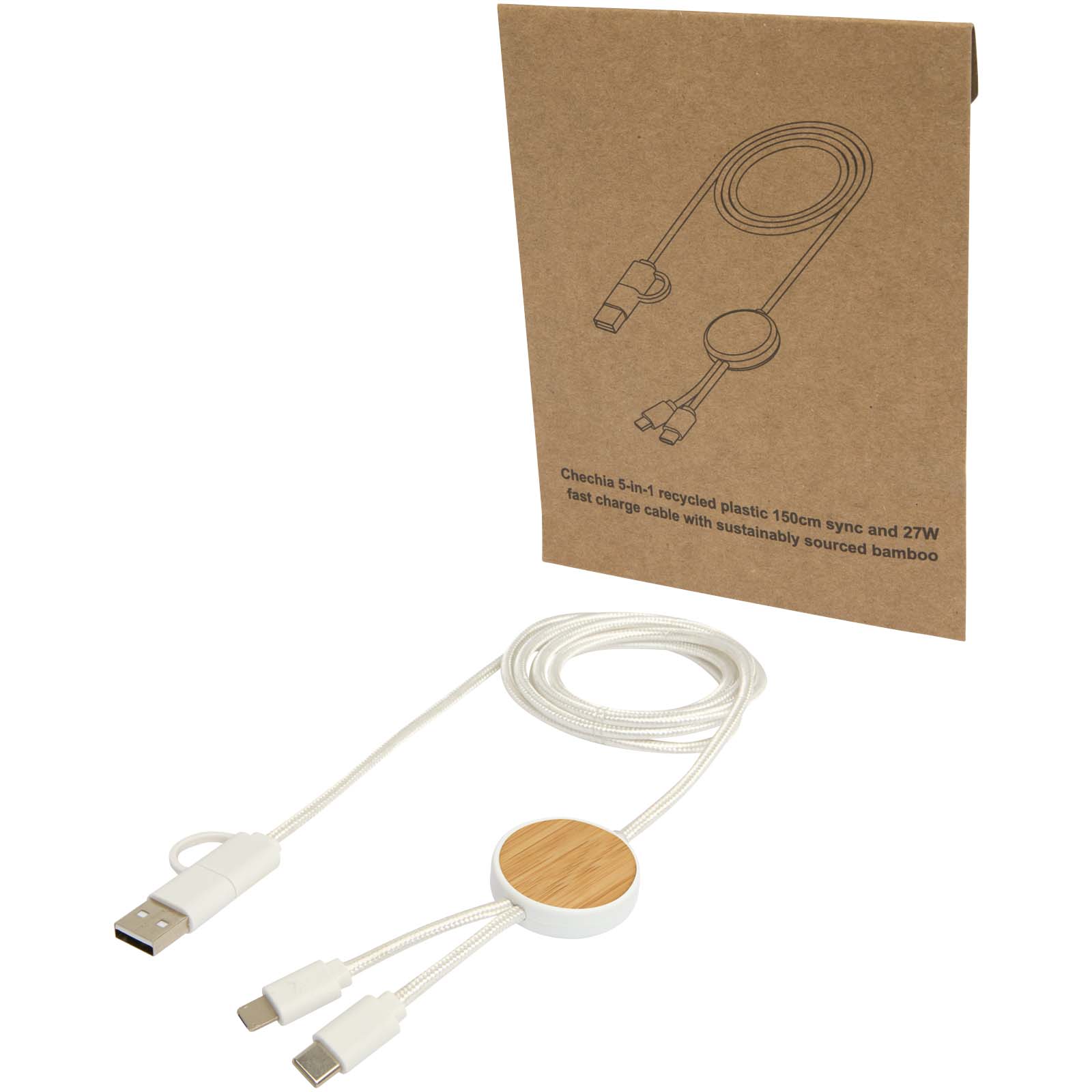Chechia 5-i-1 kabel 150 cm for datasynkronisering og 27 W hurtiglading, av resirkulert plast og med bambusdetaljer