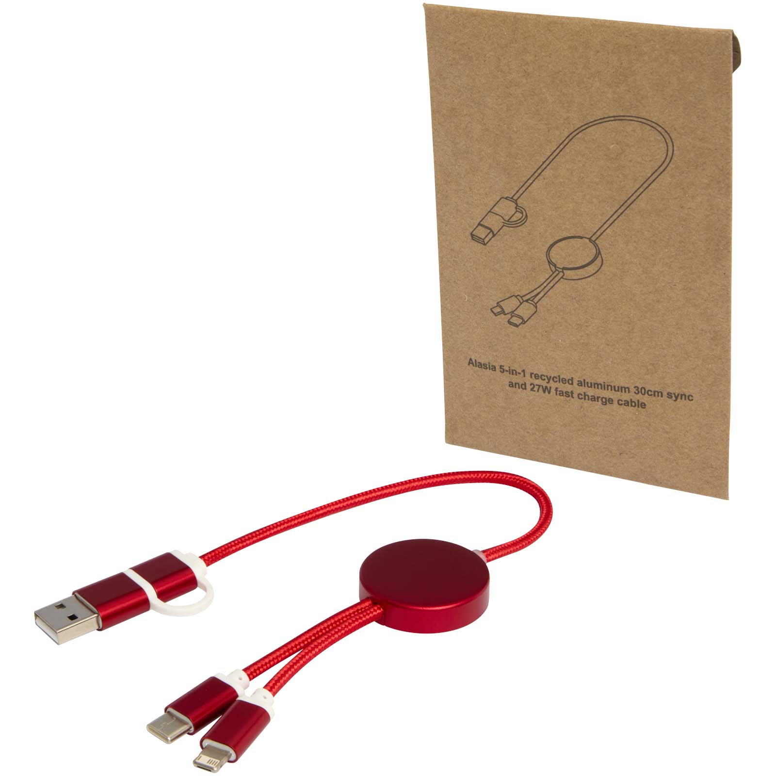 Alasia 5-i-1 kabel 30 cm for datasynkronisering og 27 W hurtiglading, av resirkulert aluminium og plast