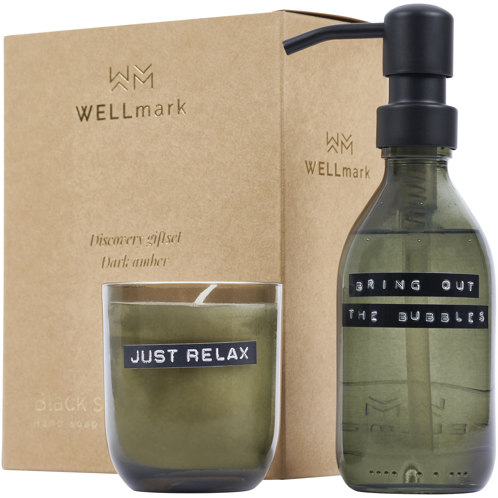 Wellmark Discovery 200 ml håndsåpedispenser og 150 g duftende stearinlyssett – mørk ravfarget duft