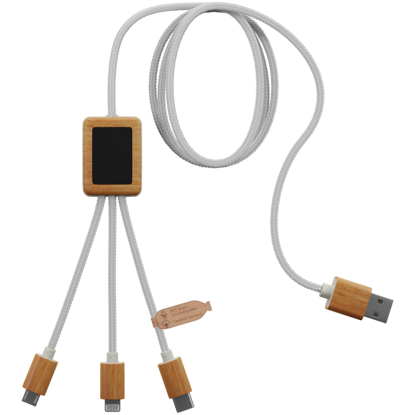 SCX.design C39 3-i-1 rPET ladekabel med lysende logo og firkantet bambusdeksel